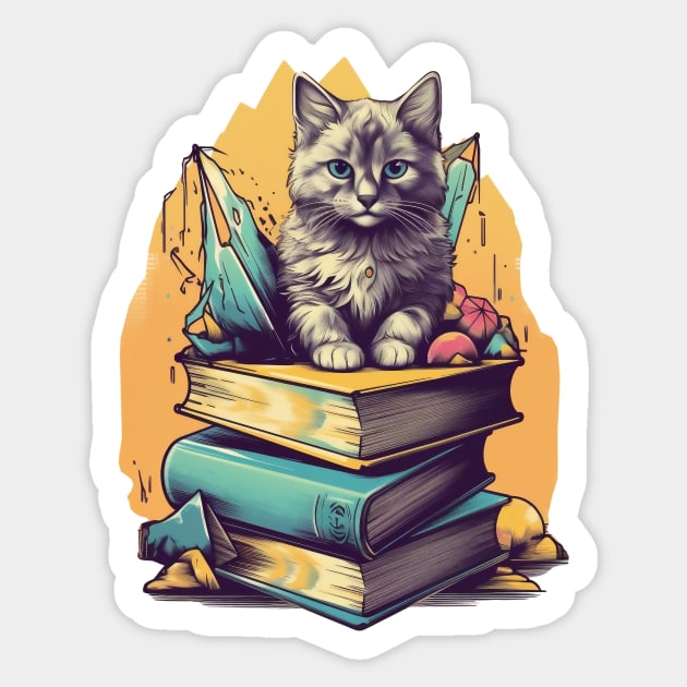 Bookish cat sleeping on books - Kitten lady & librarian gift Sticker by OutfittersAve